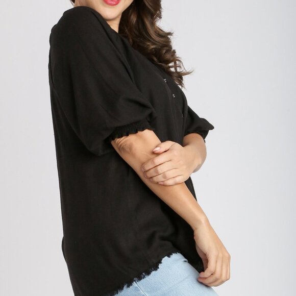 Umgee Plus Black Linen Button Bodice Raglan Top - Picture 2 of 5